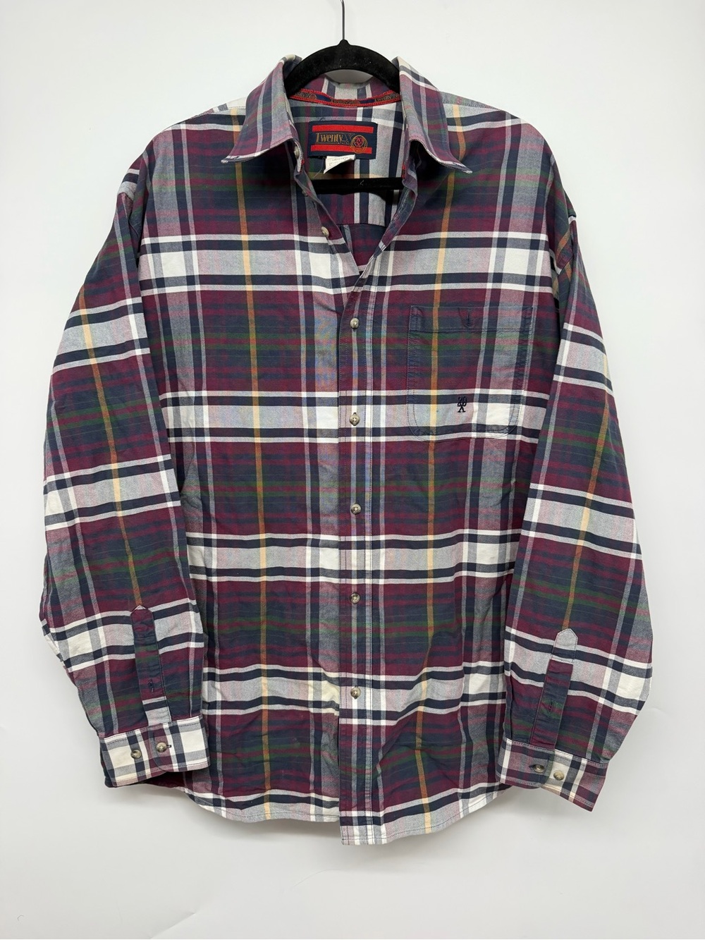 Vintage Twenty X 20 Plaid Cotton Button Down Shirt Burgundy Navy